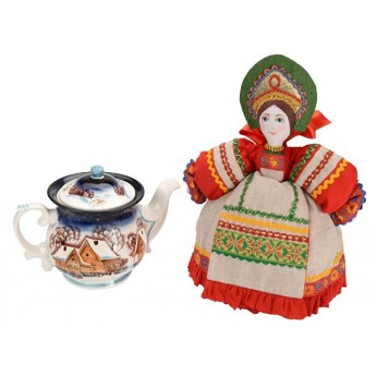 Купить Подарочный набор «Деревенские вечера»: кукла на чайник, чайник заварной с росписью