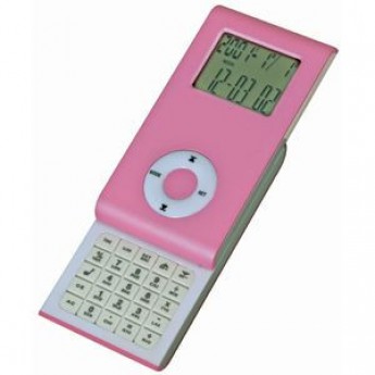 Купить Калькулятор раздвижной с календарем и часами; розовый; 9,6х5х1,4 см; пластик; тампопечать
