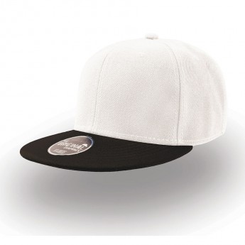 Бейсболка "SNAP BACK" 6 клиньев, плоский козырек, пластиковая застежка пвх, белый с черным, 100% акр, с логотипом 