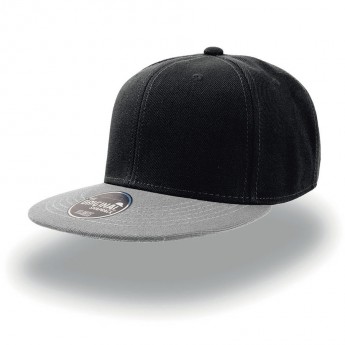 Бейсболка "SNAP BACK" 6 клиньев, плоский козырек, пластиковая застежка пвх, черный с серым, 100% акр, с логотипом 
