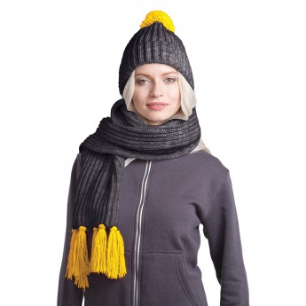 Купить GoSnow, вязаный комплект шарф и шапка, антрацит c фурнитурой желтый