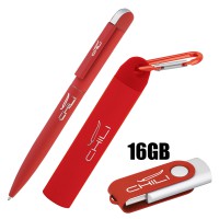 Набор ручка + флеш-карта 16Гб + зарядное устройство 2800 mAh в футляре, покрытие soft touch
