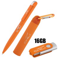 Набор ручка + флеш-карта 16Гб + зарядное устройство 2800 mAh в футляре, покрытие soft touch